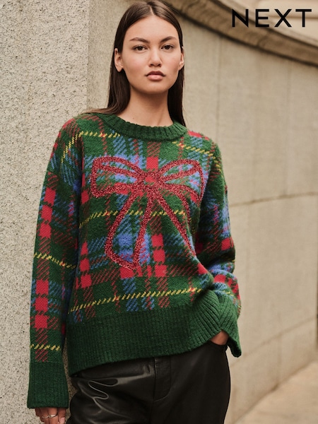 Green Tartan Tinsel Bow Christmas Jumper (F91064) | £42