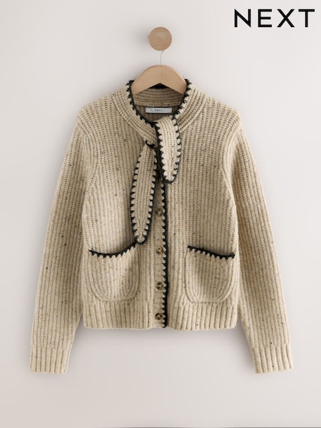 Neutral Neppy Contrast Stitch Tie Neck Scarf Cardigan (F91108) | £44