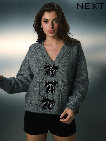 Grey Bow Button Pocket Cardigan (F91111) | £48