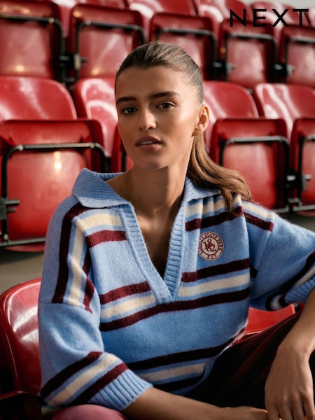 Blue/Red Stripe Open Collar Polo Half Sleeve Jumper With Wool (F91115) | £35