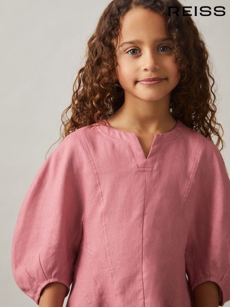 Reiss Pink Romy 9-13 yrs Linen Balloon-Sleeve Dress (F91356) | £71