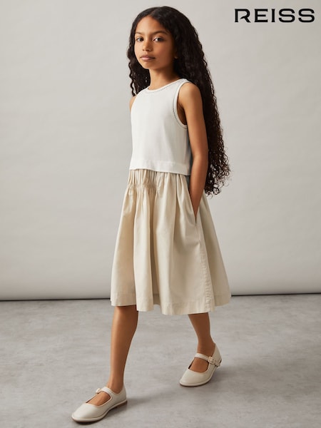 Reiss Neutral Wren Cotton Layered Sleeveless Midi Dress (F91362) | £48