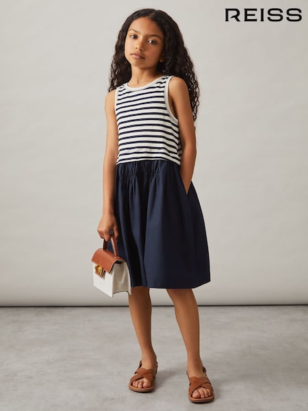 Reiss Navy Wren Cotton Stripe Layered Sleeveless Dress (F91367) | £48