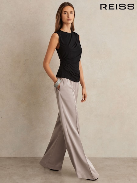 Reiss Grey Elsie Satin Wide Leg Elastic Waist Trousers (F91372) | £150