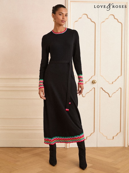 Love & Roses Black Wavy Rainbow Stripe Crew Neck Knitted Midi Dress (F91452) | £56