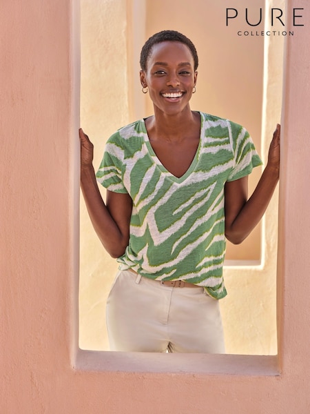 Pure Collection Green Short Sleeve V-Neck 100% Linen T-Shirt (F91475) | £55