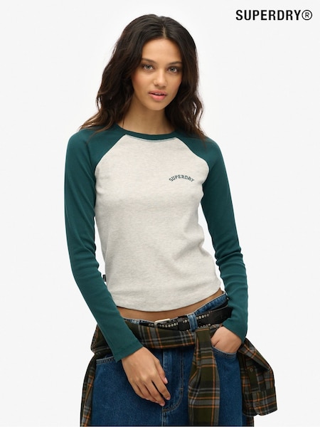 Superdry White/Green Essential Logo Ribbed Baseball Long Sleeve Top (F91559) | £27
