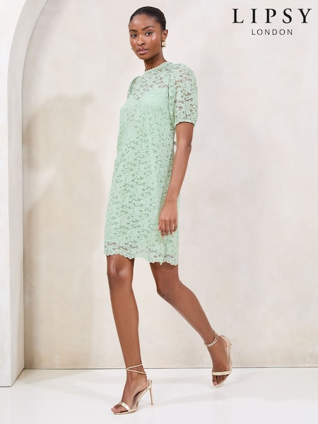 Lipsy Green Lace Short Sleeve Mini Shift Dress (F91602) | £59