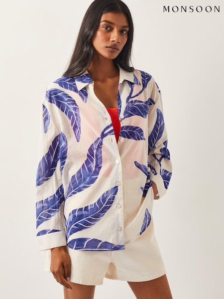 Monsoon Blue Dinah Palm Print 100% Cotton Shirt (F91726) | £55