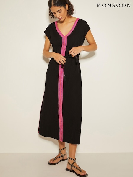 Monsoon Black Estela Jersey Embroidered 100% Cotton Kaftan (F91727) | £69