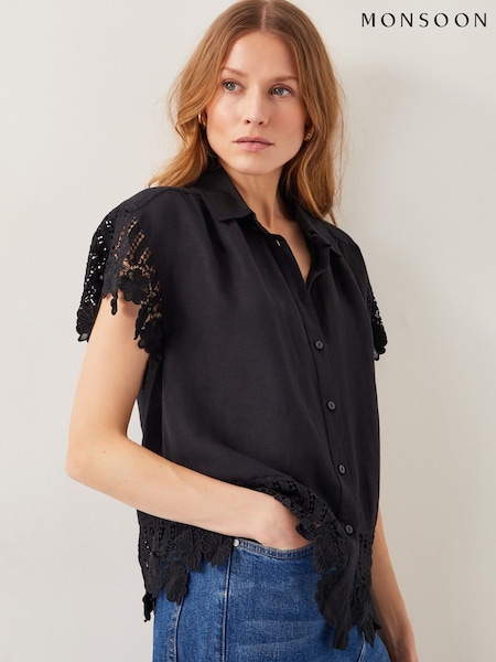 Monsoon Black Lara Embroidered Short Sleeve Shirt (F91739) | £59