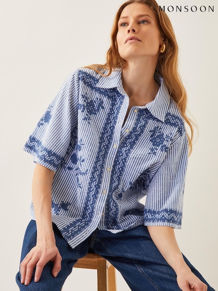 Monsoon Blue 100% Cotton Marlowe Floral Embroidered Stripe Shirt (F91741) | £59
