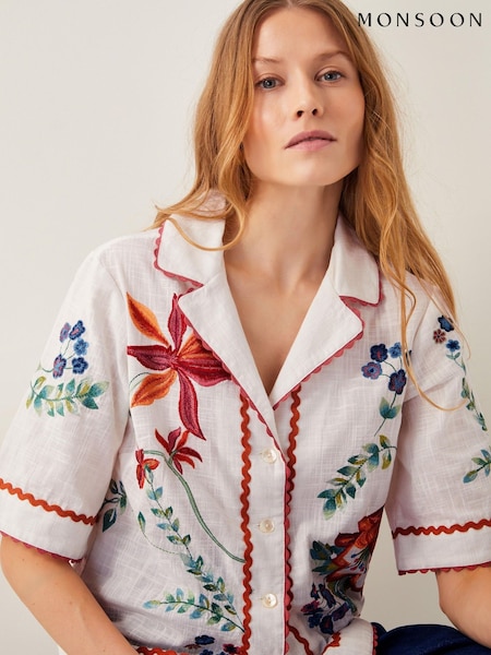 Monsoon White Delphi Floral Embroidered 100% Cotton Shirt (F91745) | £65