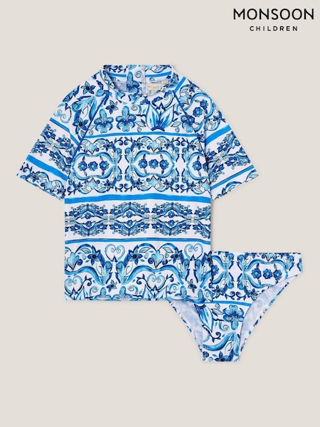 Monsoon Blue Floral Print UPF50+ Rash Vest and Swim Briefs Set (F91845) | £28 - £32