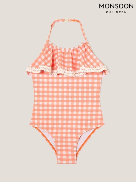 Monsoon Orange Gingham Ruffle Swimsuit (F91863) | £19 - £23