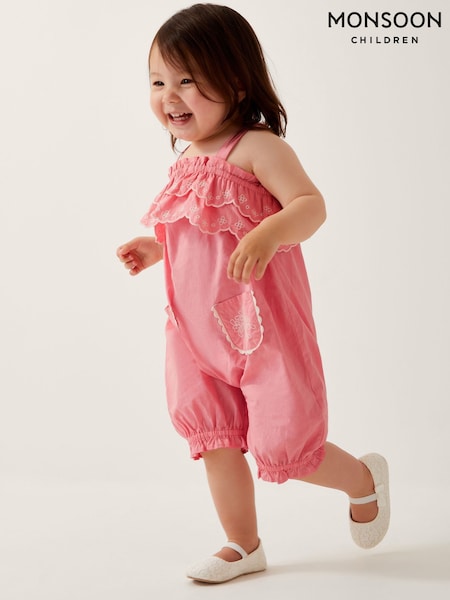 Monsoon Pink Baby Broderie 100% Cotton Romper (F91887) | £22 - £26