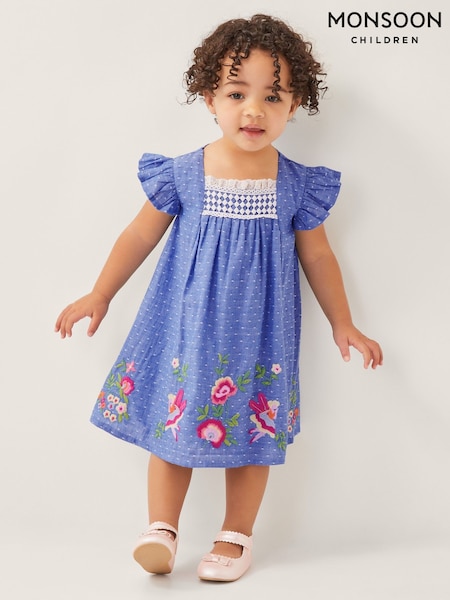 Monsoon Blue Baby Fairy Embroidered Frill-Sleeve 100% Cotton Dress (F91896) | £28 - £30