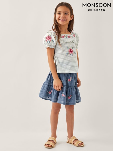 Monsoon Blue Floral Embroidered Rara 100% Cotton Skirt (F91909) | £24 - £28