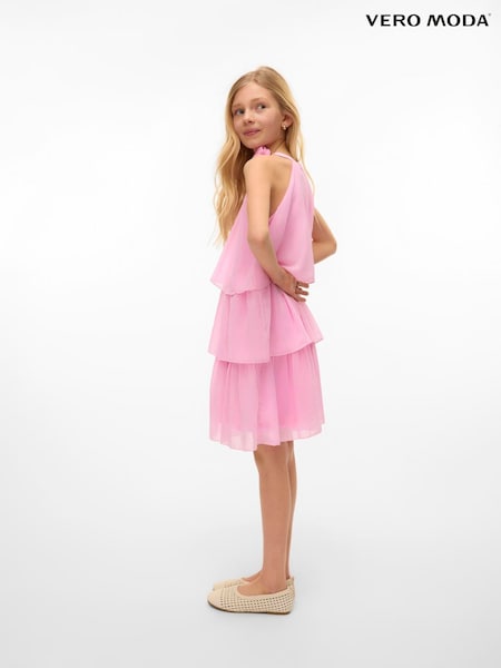 VERO MODA Pink Girls Tiered Ruffle Dress With Rose Corsage Detail (F92010) | £37