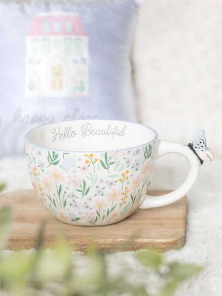 Something Different White Hello Beautiful Ditsy Floral Print Mug with Butterfly (F92114) | £12