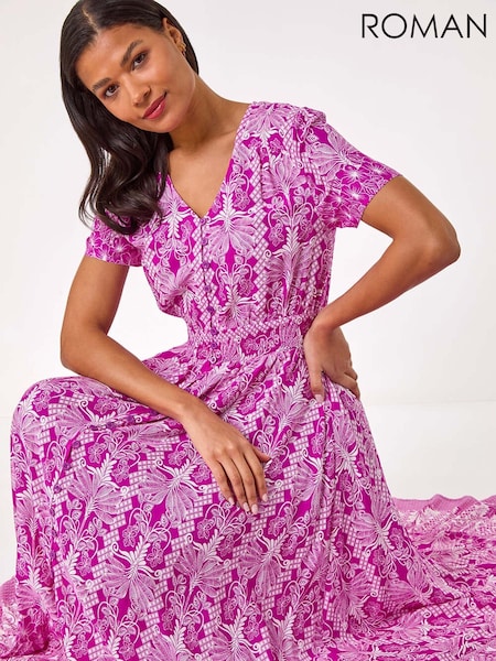 Roman Pink Printed Shirred Waist Maxi Dress (F92150) | £58