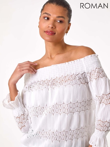 Roman White Lace Insert Frill Bardot Top (F92183) | £32