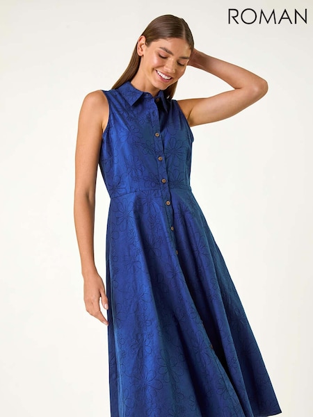 Roman Blue 100% Cotton Embroidered Buttoned Midi Dress (F92185) | £55