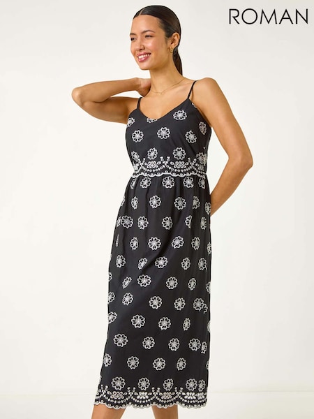 Roman Black 100% Cotton Embroidered Strap Sun Midi Dress (F92192) | £55