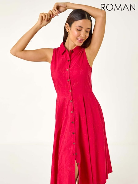 Roman Red 100% Cotton Embroidered Buttoned Midi Dress (F92209) | £55