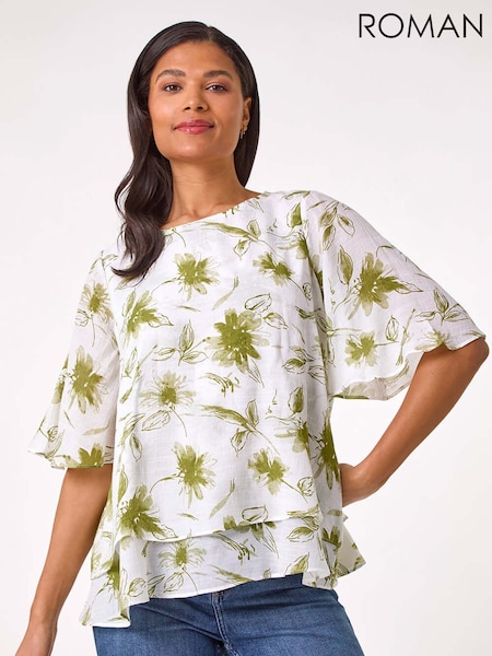 Roman Green Floral Print Layered Tunic Top (F92215) | £32