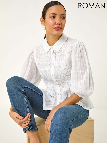 Roman White Collar Shirred Button Blouse (F92227) | £32