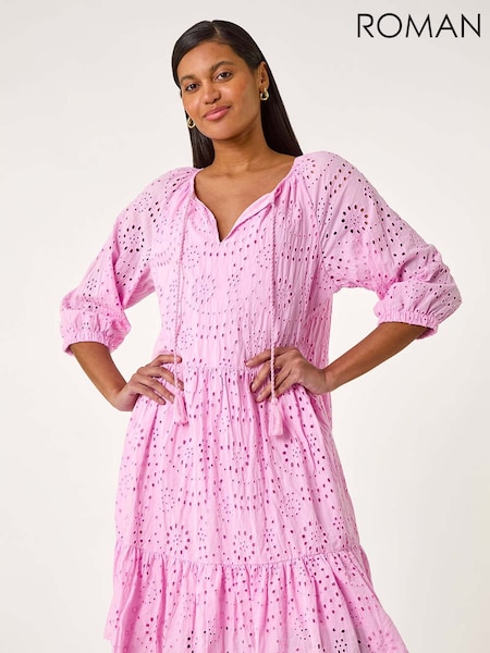 Roman Pink Broderie Tiered Smock 100% Cotton Dress (F92232) | £48