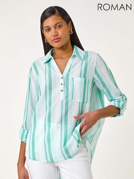 Roman Blue Stripe Collar V-Neck 100% Cotton Shirt (F92234) | £40