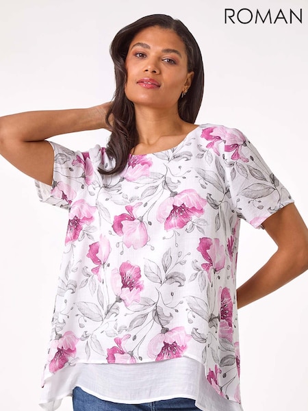 Roman Pink Floral Print Layered Tunic Top (F92250) | £32