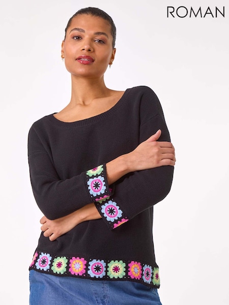 Roman Black Floral Crochet Hem 100% Cotton Jumper (F92254) | £42