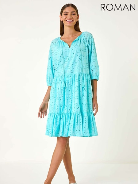 Roman Blue Broderie Tiered Smock 100% Cotton Dress (F92256) | £48
