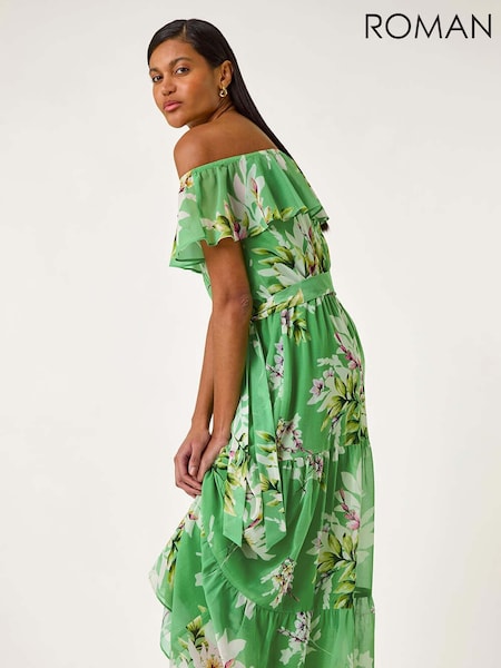 Roman Green Floral Bardot Belted Maxi Dress (F92259) | £70