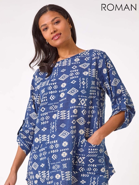 Roman Blue Longline Print Tunic 100% Cotton Top (F92271) | £40