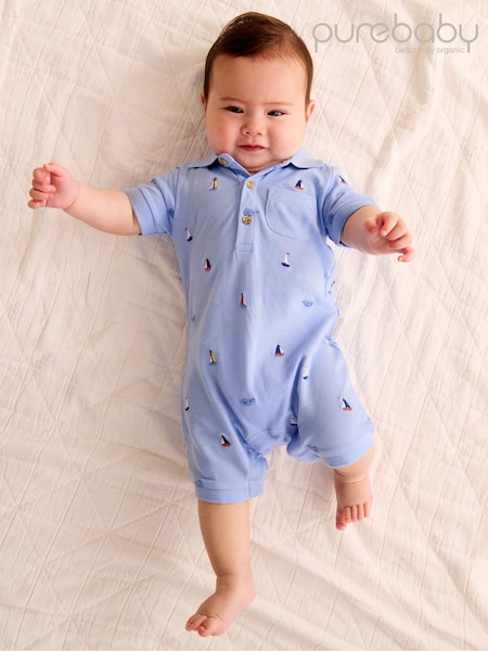 Purebaby Blue 100% Cotton Emboided Polo Romper (F92301) | £28