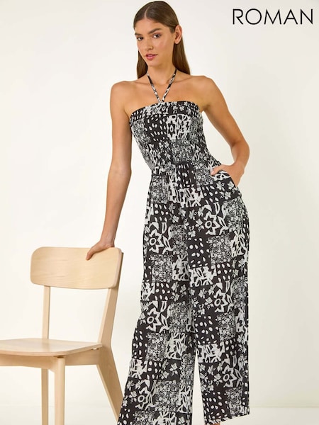 Roman Black Abstract Print Shirred Bandeau Jumpsuit (F92321) | £45