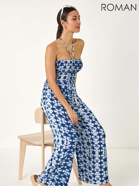 Roman Blue Abstract Shirred Bardot Jumpsuit (F92324) | £45
