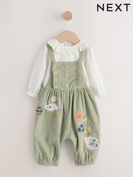 Sage Green Embroidered Long Sleeve Bodysuit and Cord Dungaree 2 Piece Baby Set (0mths-3yrs) (F92508) | £20 - £22