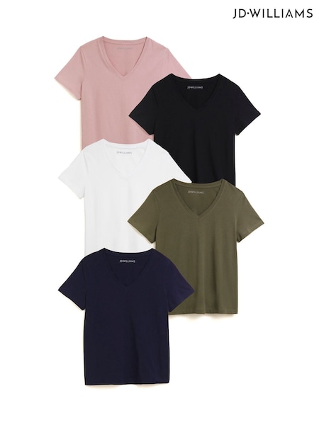 JD Williams Black 100% Cotton V-Neck T-Shirts 5 Pack (F92533) | £38