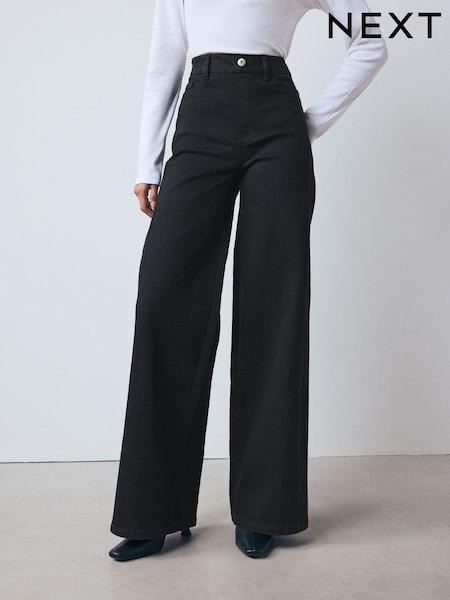 Black High Rise Flexi Fit Pull On Wide Leg Jeans (F92613) | £52
