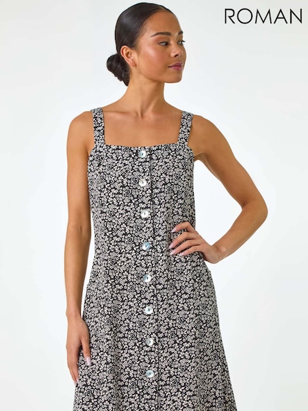 Roman Black Petite Floral Ditsy Button Dress (F92722) | £48