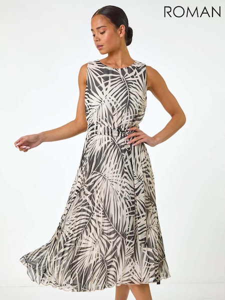Roman Black Petite Leaf Print Pleated Midi Dress (F92726) | £70