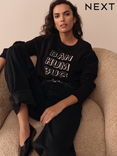 Black Lambswool Graphic Bah Humbug Christmas Jumper (F92767) | £46