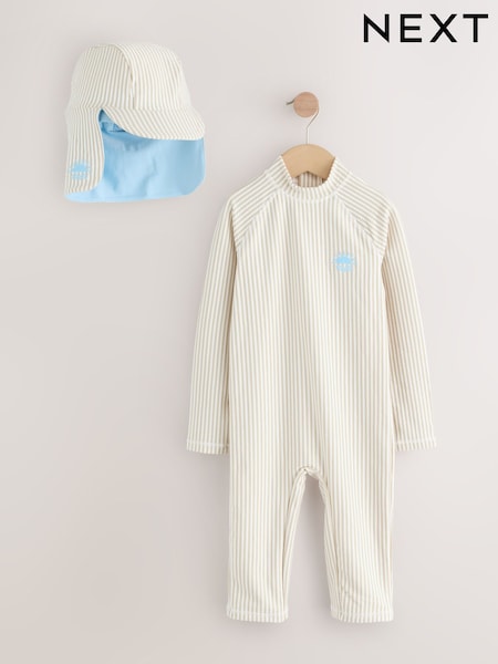 Neutral Stripe Sunsafe Swimsuit and Hat Set (3mths-7yrs) (F92776) | £0