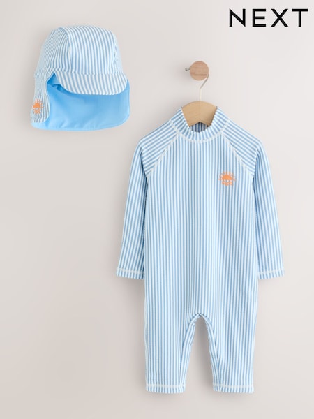 Light Blue Stripe Sunsafe Swimsuit and Hat Set (3mths-7yrs) (F92777) | £0