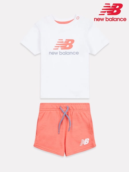 New Balance White pink Kids Jersey Ringer T-Shirt & Shorts Set (F92891) | £35